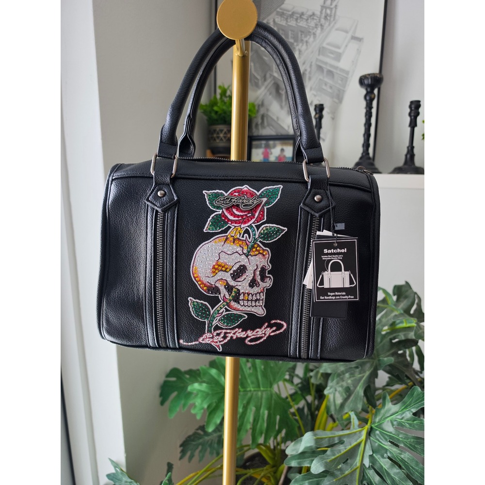 Ed Hardy Black Vegan Leather Skull Rose Rhinestone Satchel Bag with Strap NWT